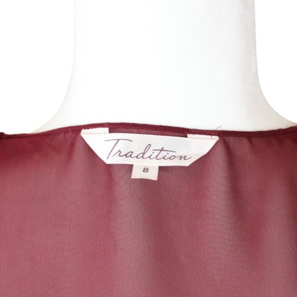 Tradition Beaded Over Blouse Size 8 Shoulder Pad Red Maroon Sheer High Low CA303 - Picture 13 of 13